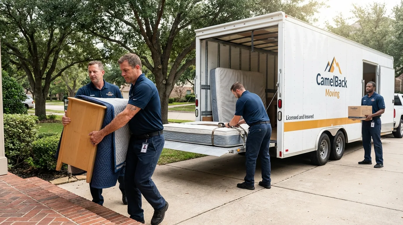 Crew loading residential truck for cross-state move from Bloomingdale, IL