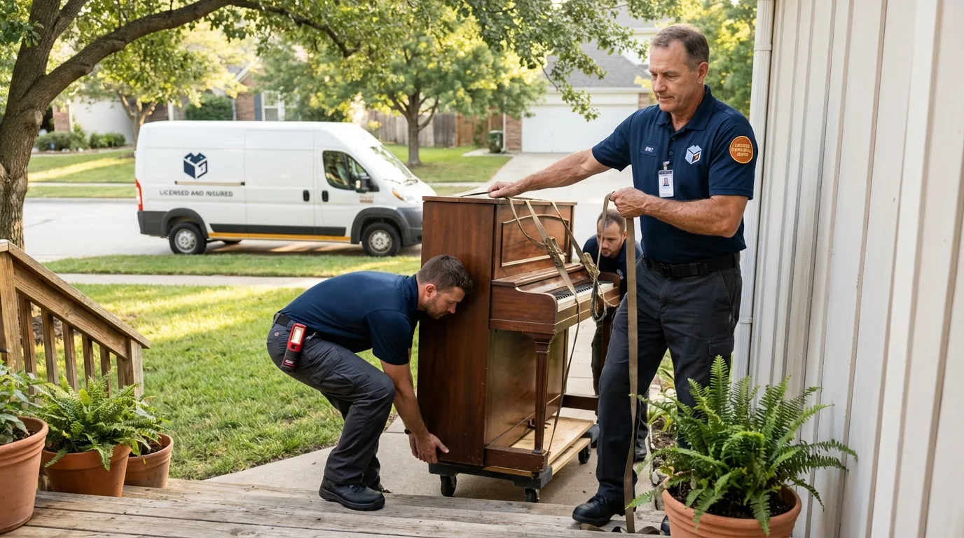 Licensed piano movers securing grand piano in Bloomingdale, IL