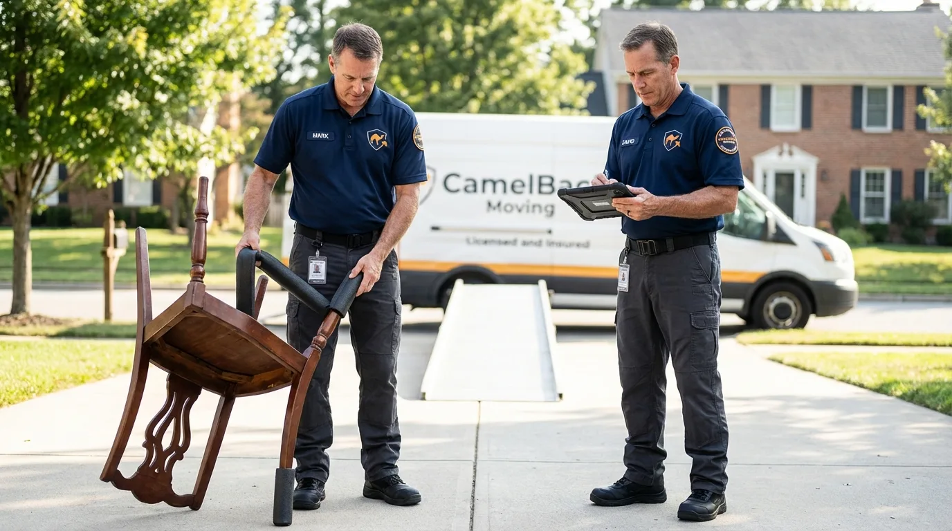 Movers inspecting furniture for damage prevention before loading in Bloomingdale, IL