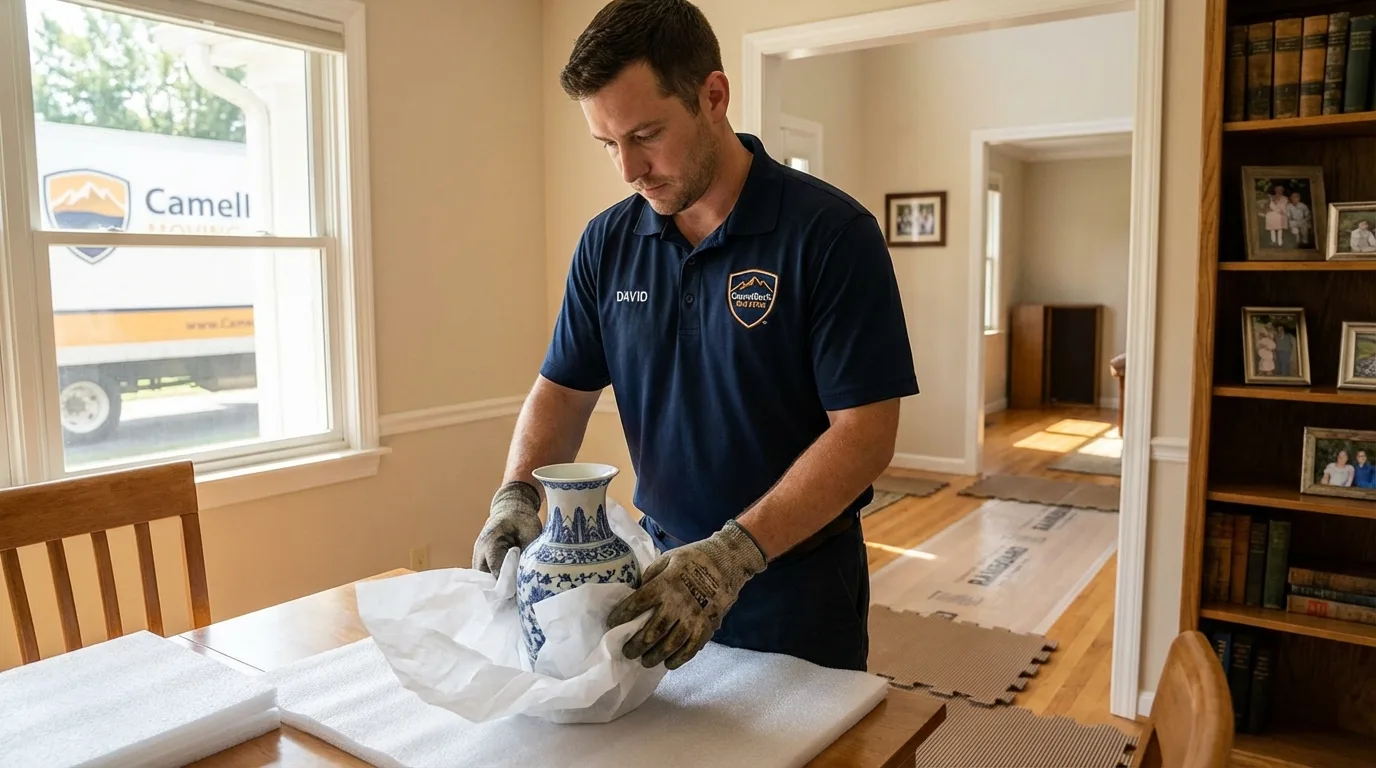 Professional crew carefully wrapping antique vase for senior downsizing move in Bloomingdale, IL